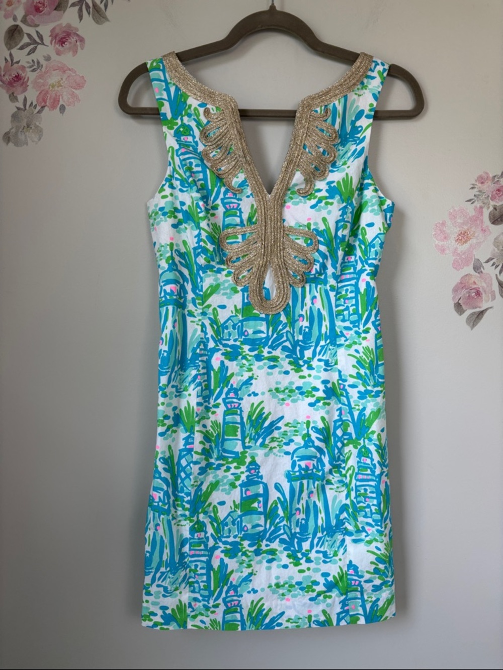 Lilly Pulitzer Aqua & Green Lighthouse V-Neck Dress - 0